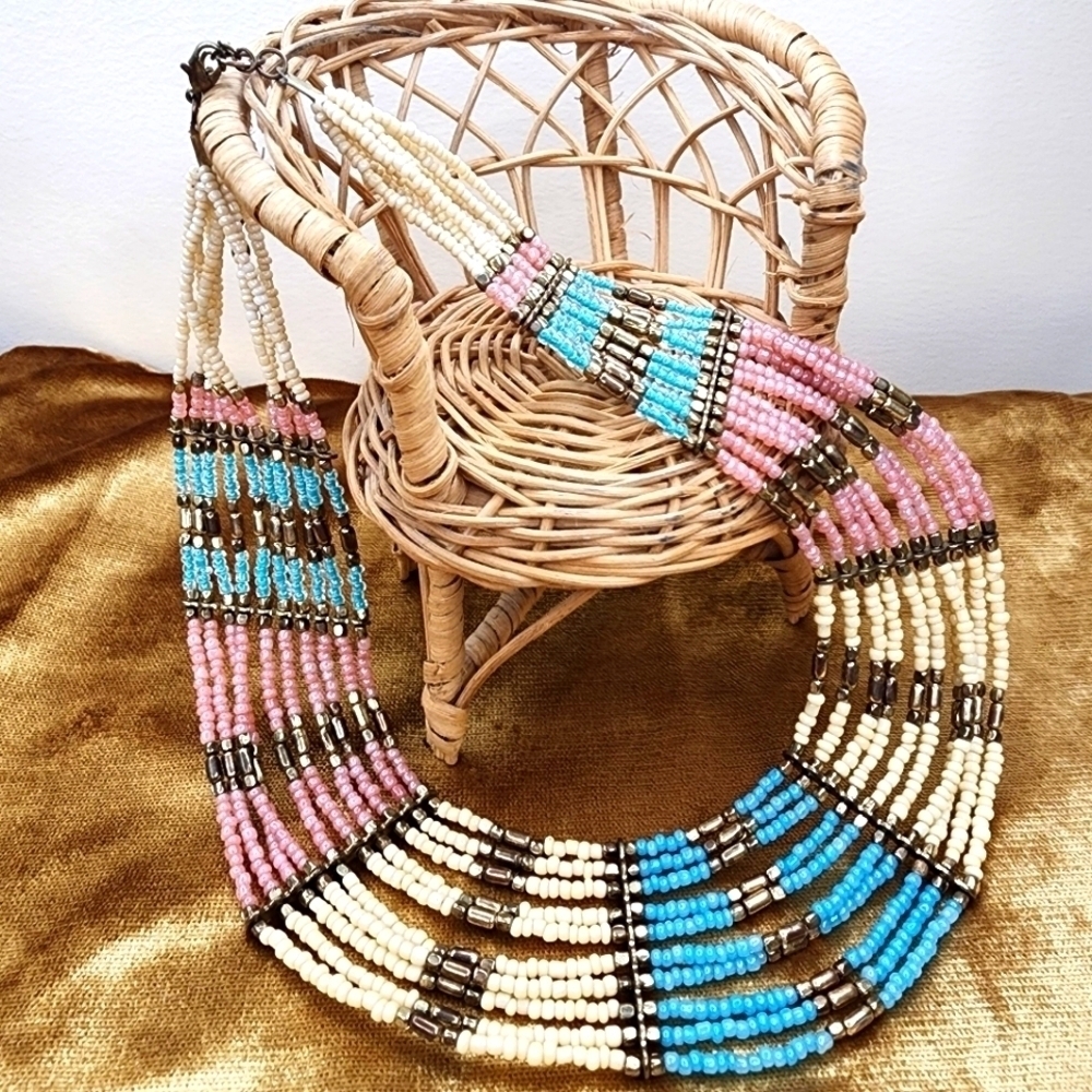 Vintage Beaded Statement Necklace Bib Pink Blue Cream &  Brass Tone Tribal